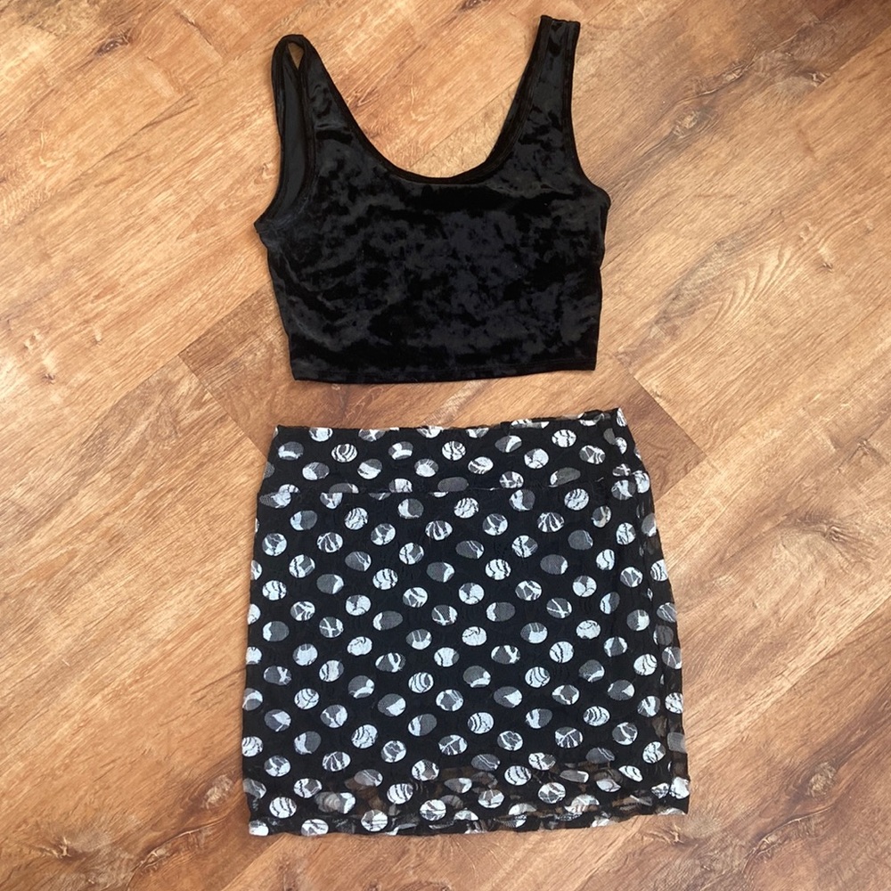 Cute Y2K Velvet Crop Tank & Polka Dot Lace Mini Skirt Set Medium